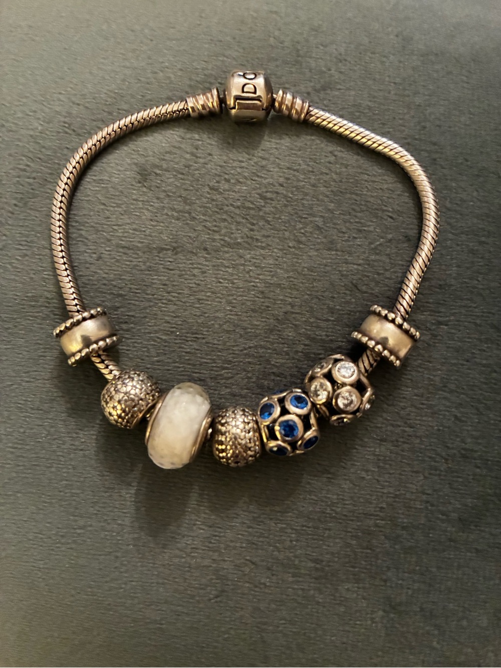 Pandora Sterling Silver Barrel Clasp Snake Bracelet with 7 Silver Charms/Spacers